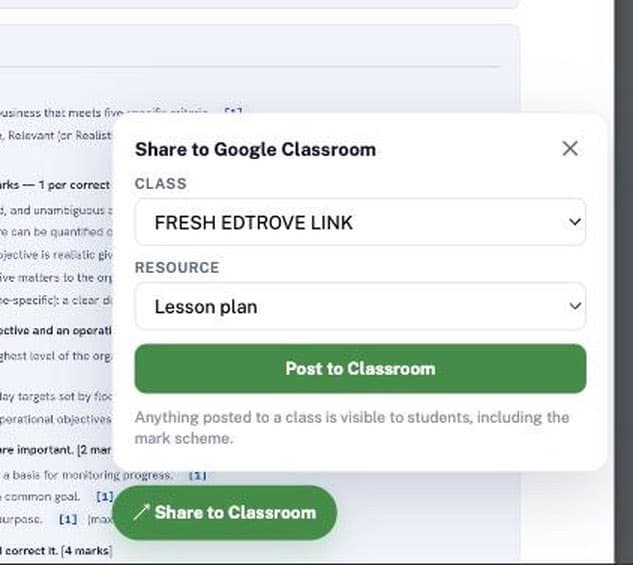The Share to Google Classroom dialog — pick a class and a resource, post in one click