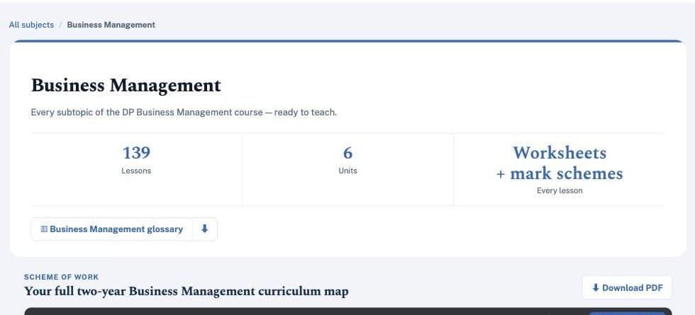 A subject hub — Business Management: 139 lessons across 6 units, with the two-year scheme of work and curriculum map