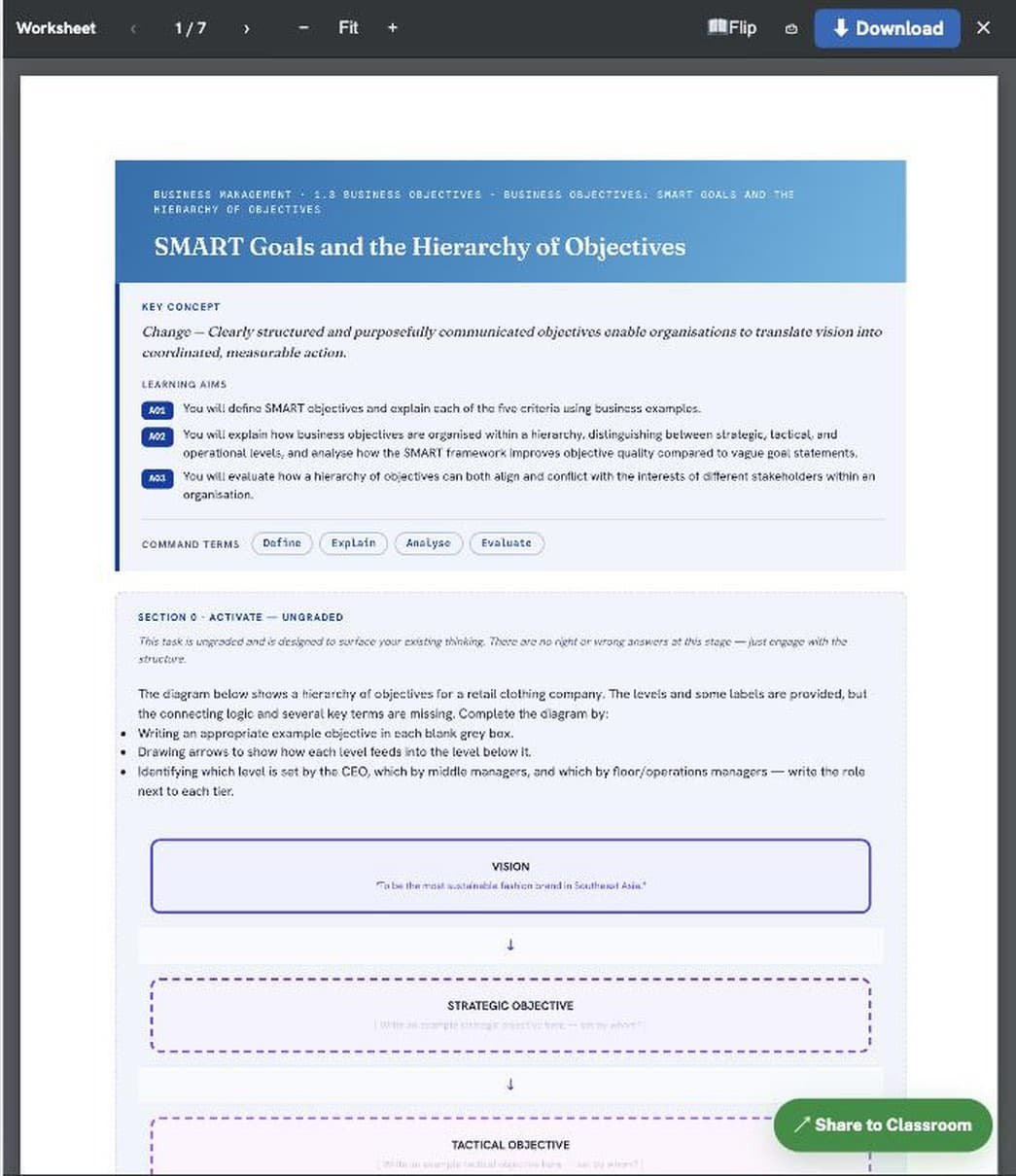The student worksheet previewed beside the lesson — structured tasks ready to print or set digitally