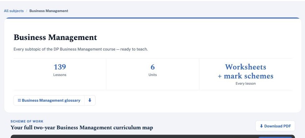 A subject hub — Business Management: 139 lessons across 6 units, with the two-year scheme of work and curriculum map